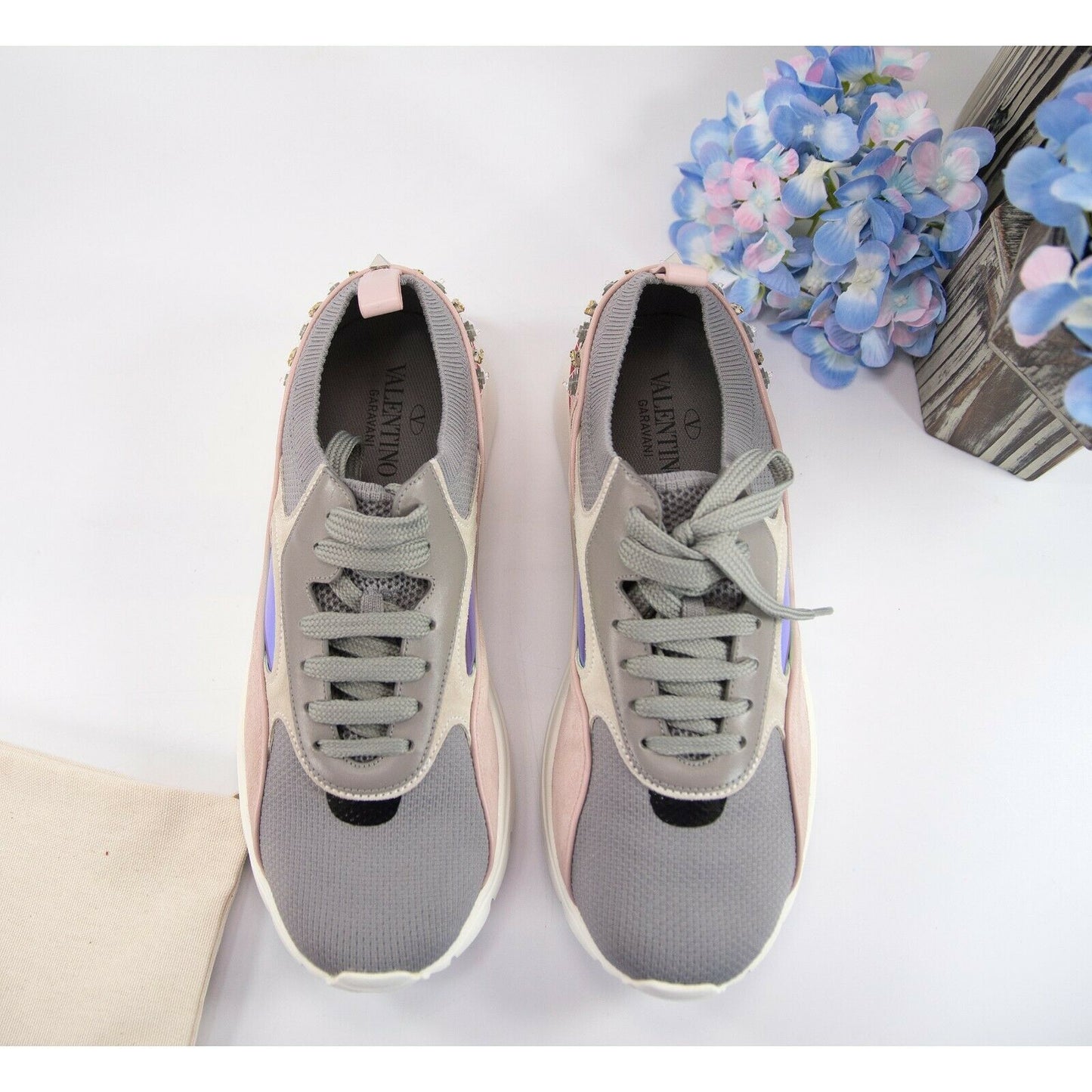 Valentino Garavani Leather Embellished Suede Athletic Sneakers 39 9 NIB