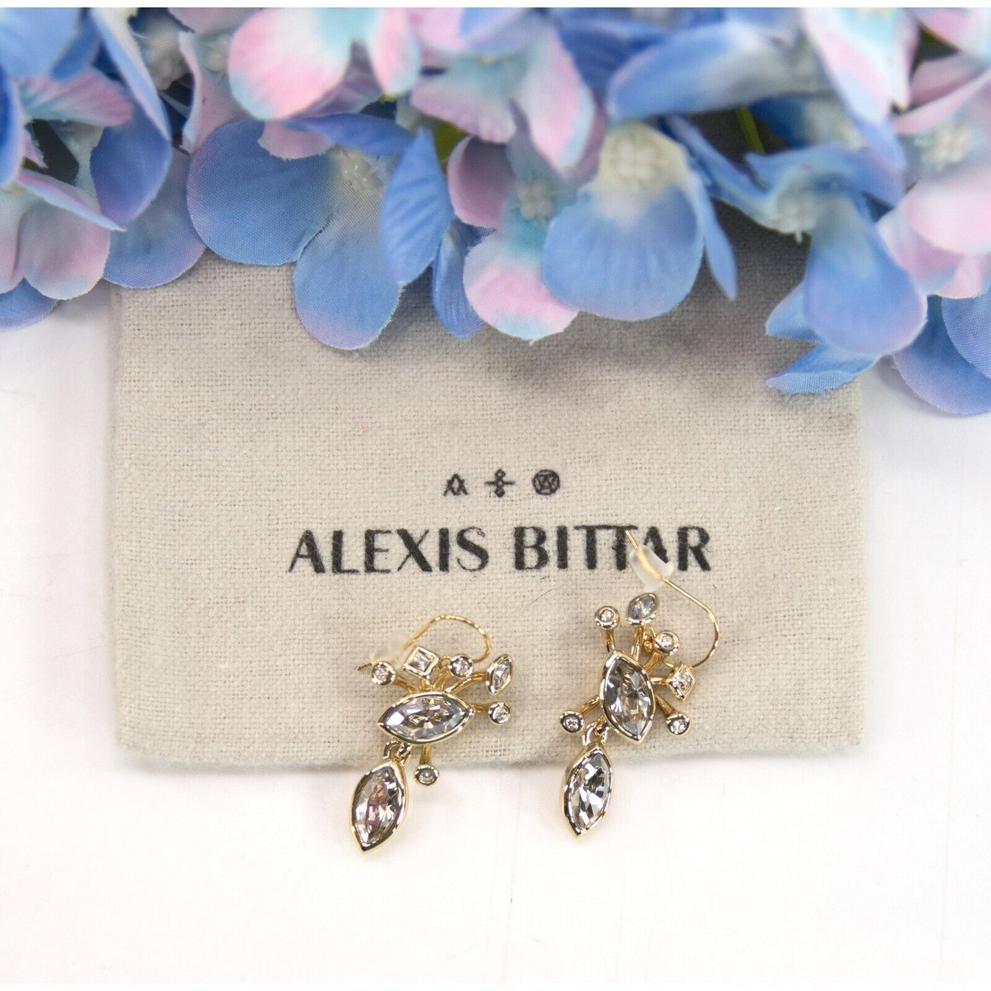Alexis Bittar Crystal Navette Cluster Drop Sunburst Gold Earrings NWT