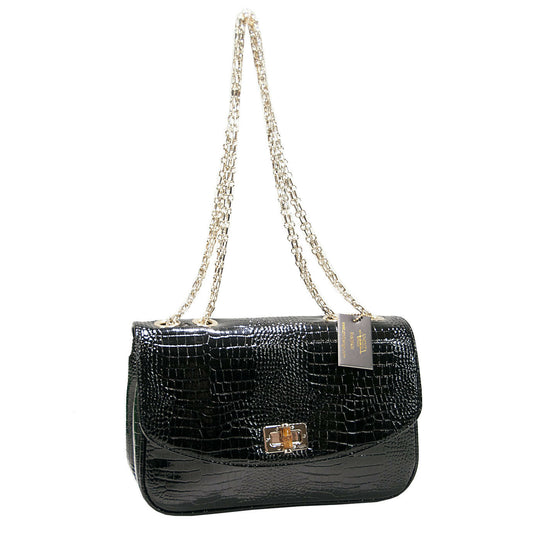 Amrita Singh Black Croc Faux Patent Leather Jumbo Flap Shoulder Bag NWT