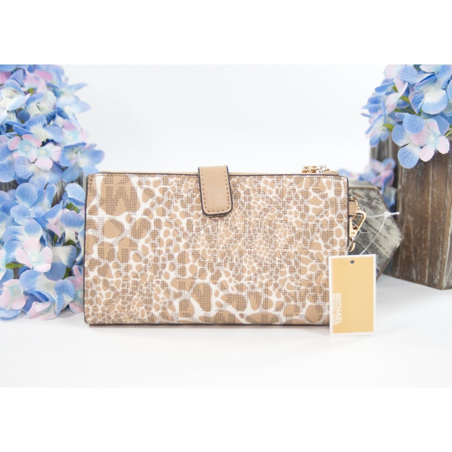 Michael Kors Jet Vanilla Monogram Camel Zebra Double Zip Phone Wallet NWT