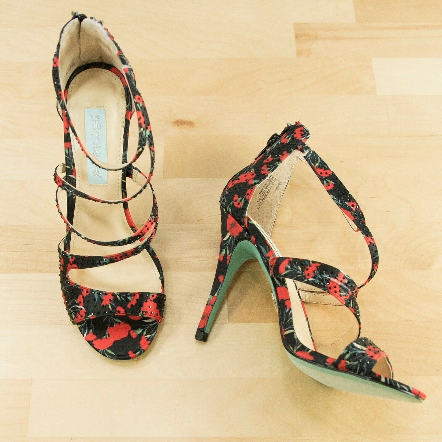 Betsey Johnson Izzy Black Red Satin Crystal Ankle Strap Stiletto Heels 6 NIB