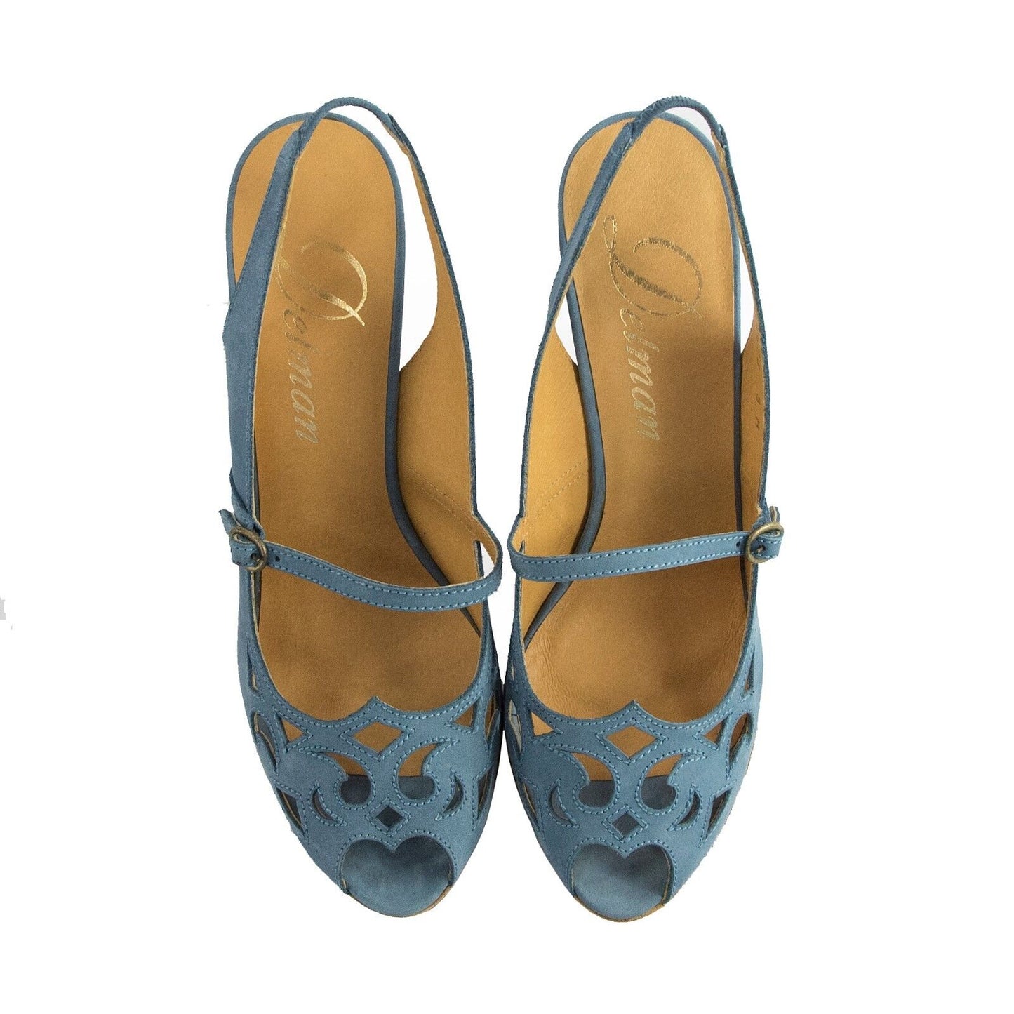 Delman Sahara Blue Suede Mary Jane Cut Out Platform Sandal Heels 9