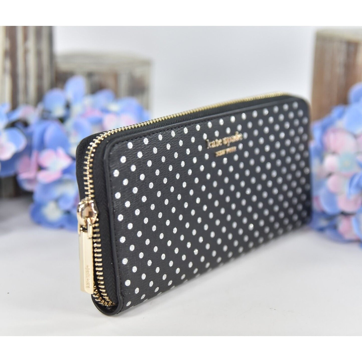 Kate Spade Black Silver Metallic Dot Leather Spencer Zip Around Lacey Wallet NWT
