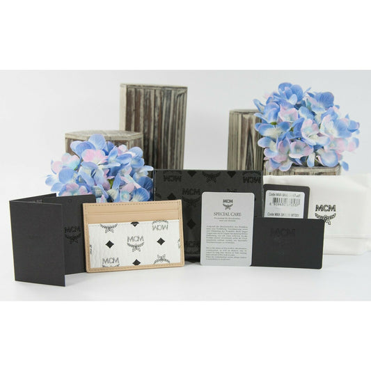 MCM Monogram Spot Viseto White Natural Leather Card Case Holder NWT