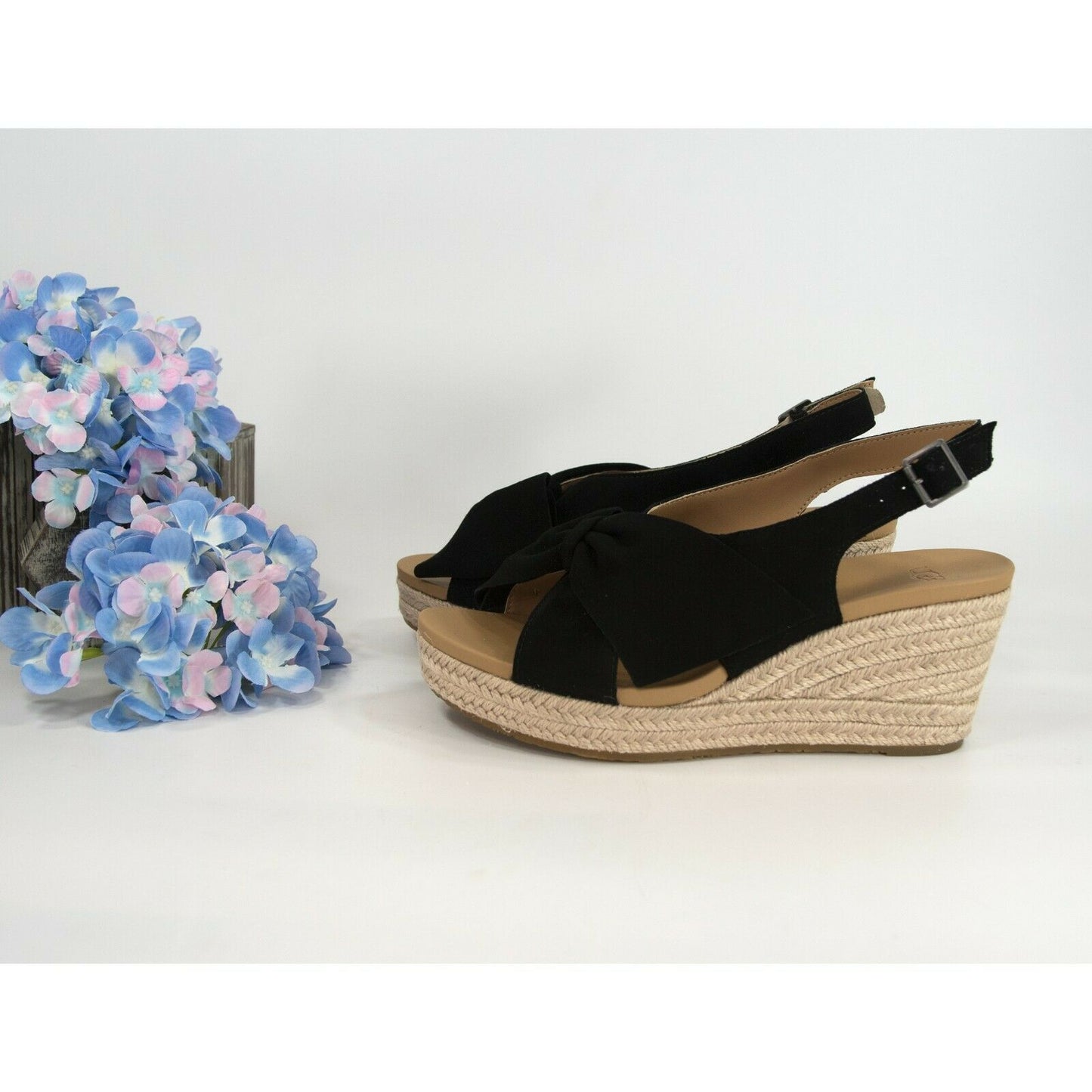 Ugg Camilla Black Suede Bow Front Wedge Heels Sz 8.5 NIB