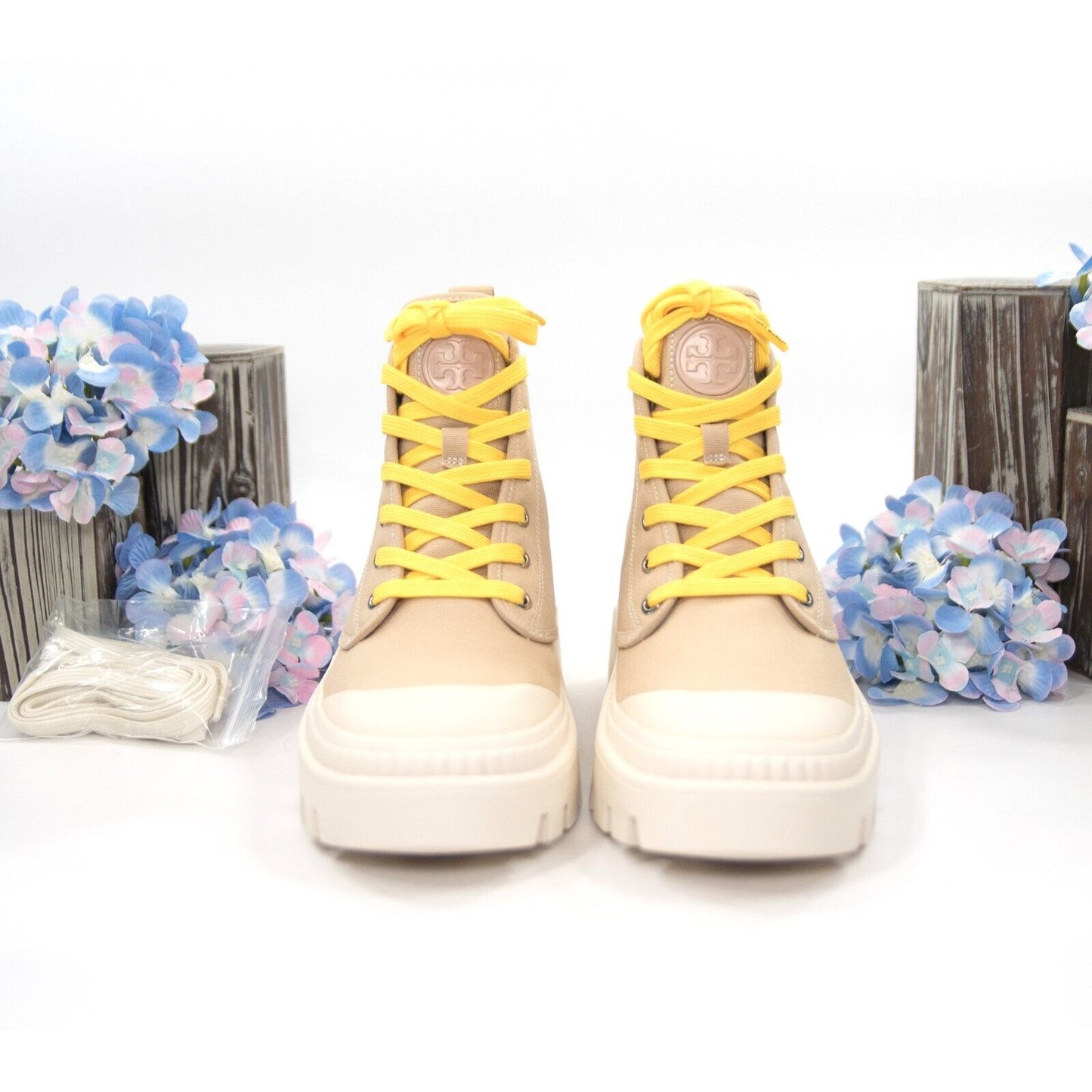 Tory Burch Camp Sneaker Sand Tan Suede Canvas Lace Up Boots Size 8 NIB