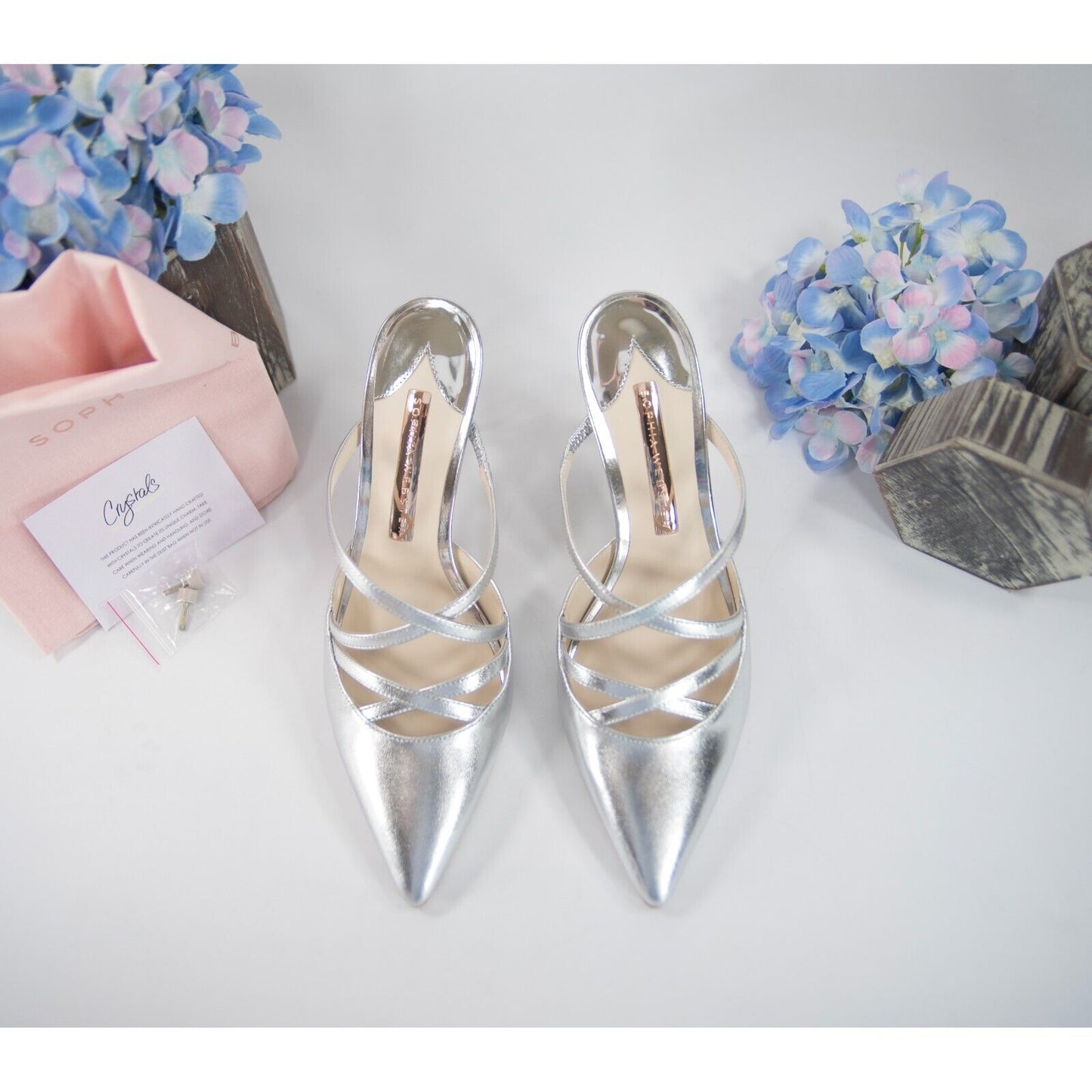 Sophia Webster Coco Silver Metallic Leather Crystal Slides Heels Sz 36.5 NIB