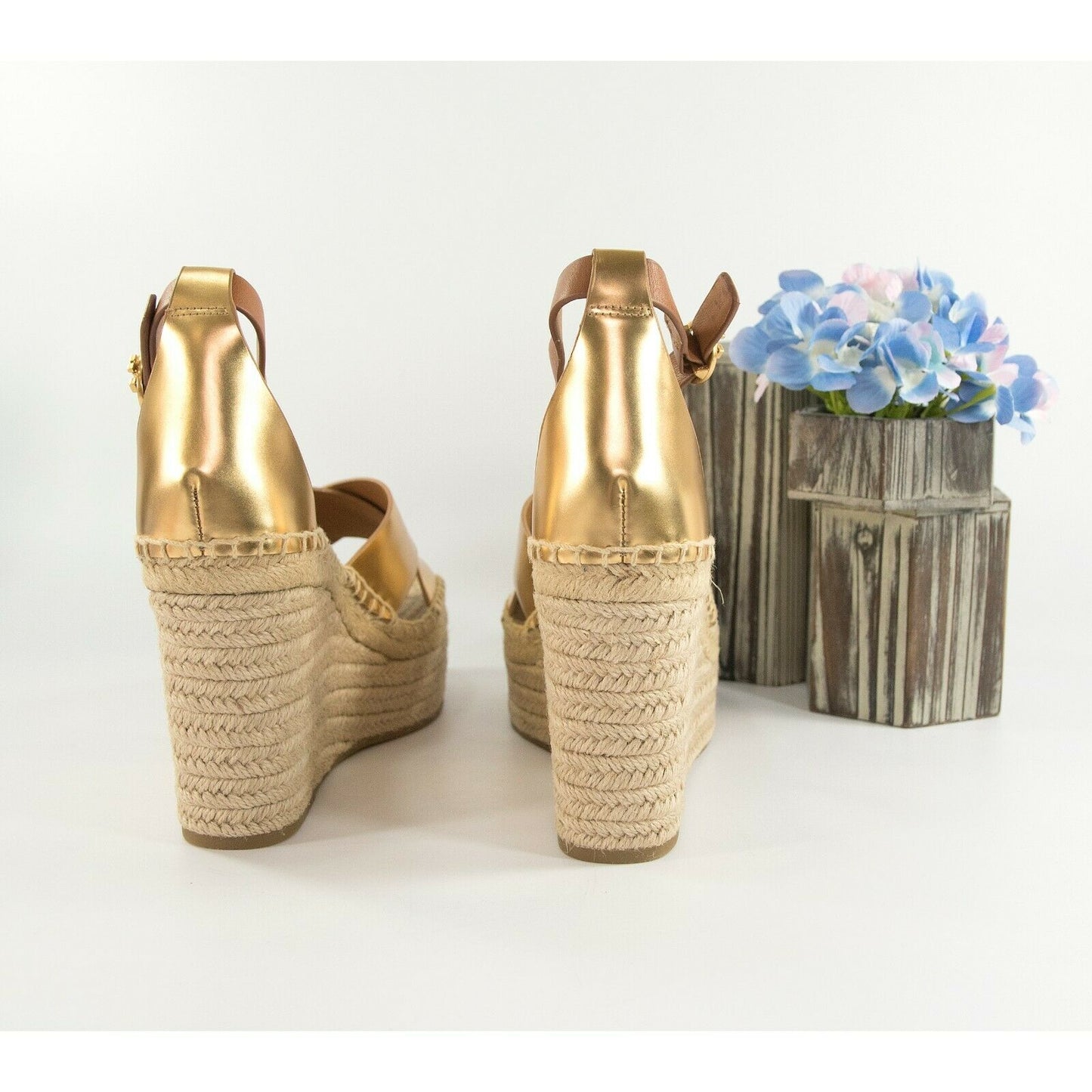 Tory Burch Selby 105MM Old Gold Calf Leather Platform Espadrille Wedge Heels 9.5