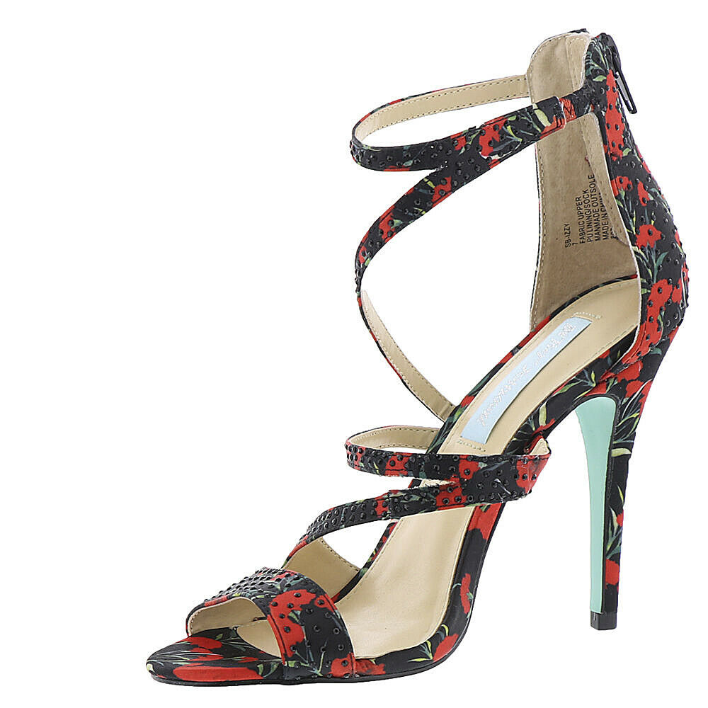 Betsey Johnson Izzy Black Red Satin Crystal Ankle Strap Stiletto Heels 6 NIB