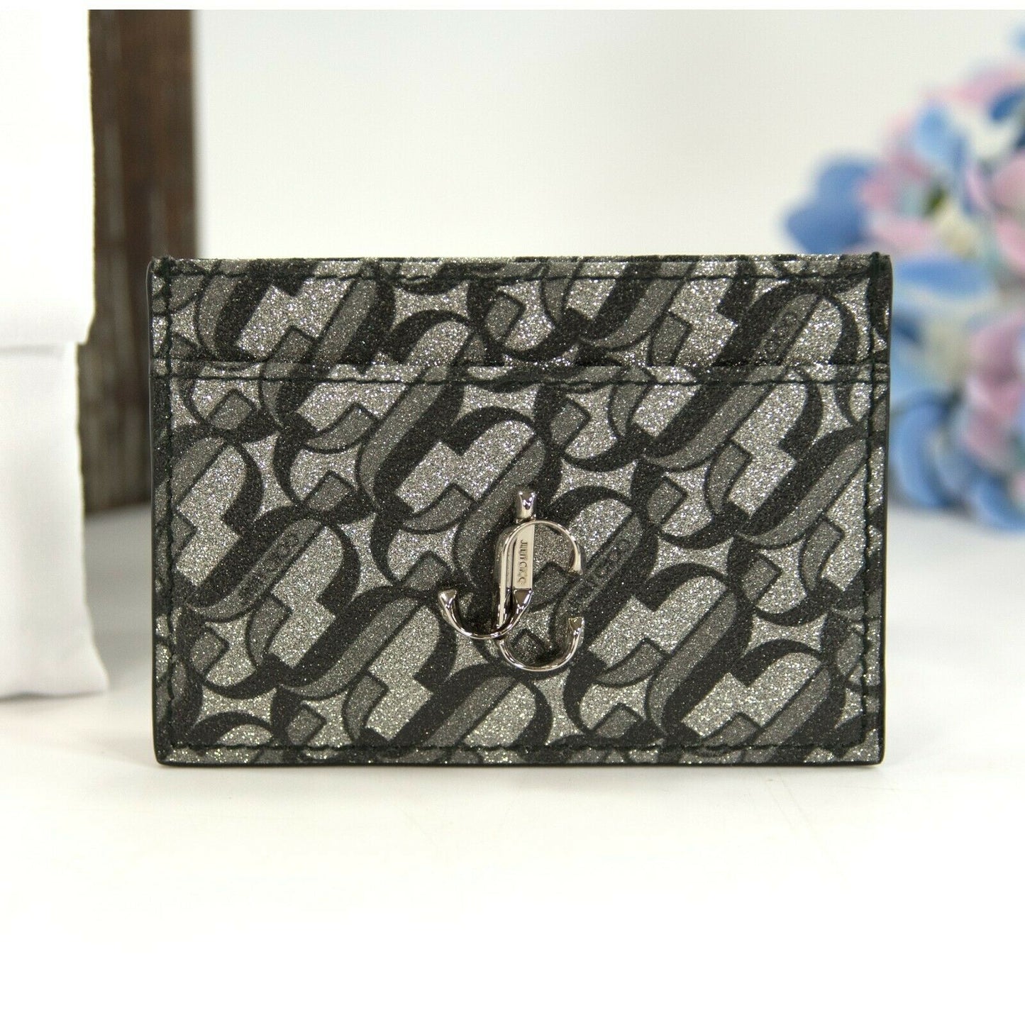 Jimmy Choo Umika Silver Black Grey Monogram Glitter Card Case Holder Wallet NWT