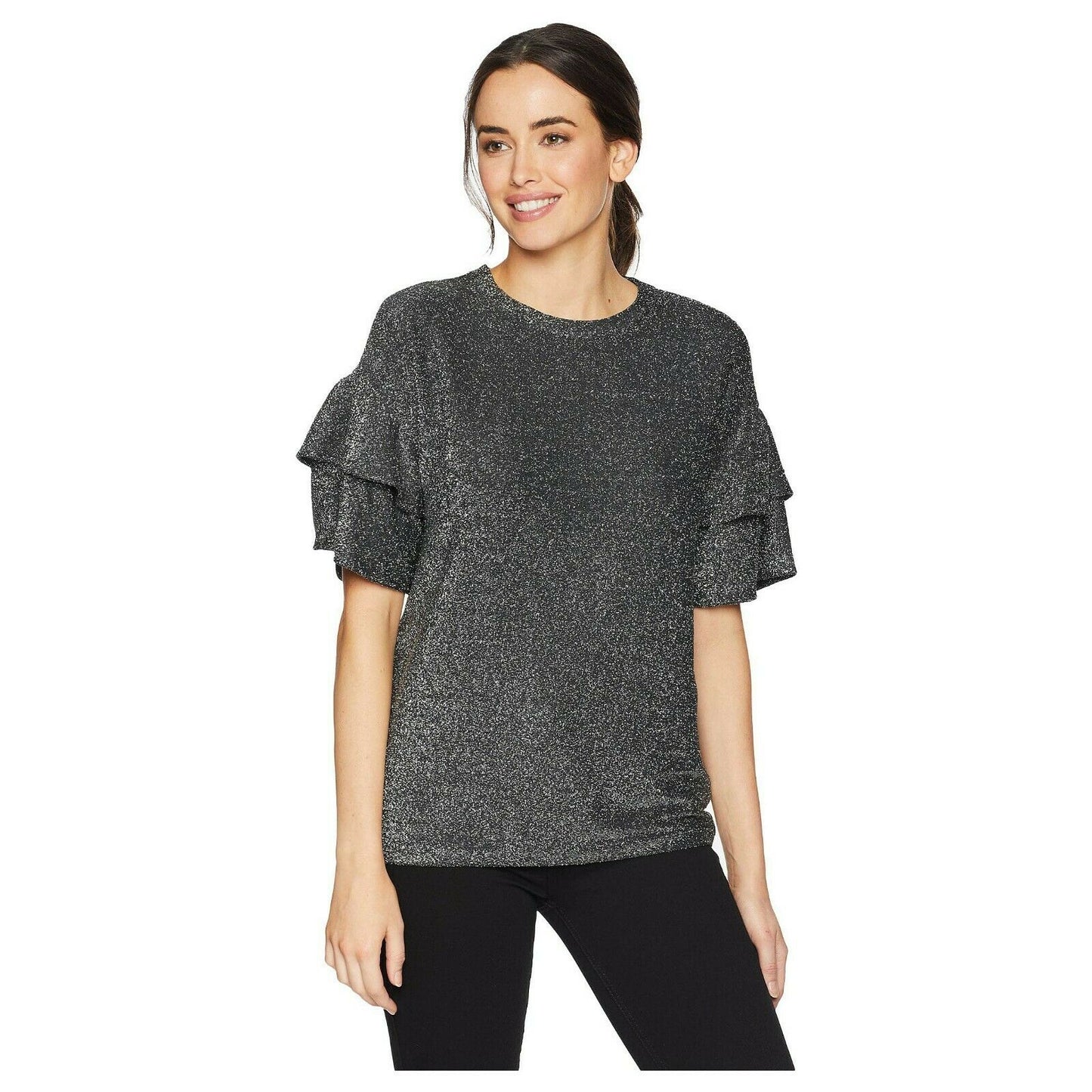 Michael Kors Silver Black Glitter Metallic Ruffle Sleeve Knit Blouse Top S NWT