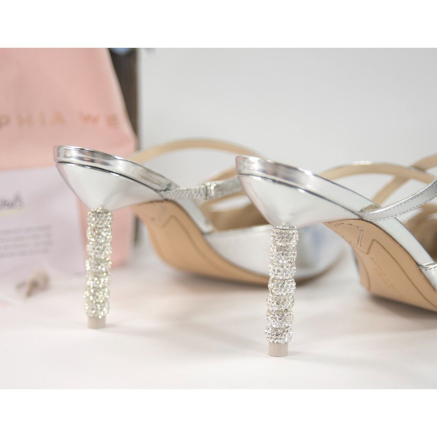 Sophia Webster Coco Silver Metallic Leather Crystal Slides Heels Sz 36.5 NIB