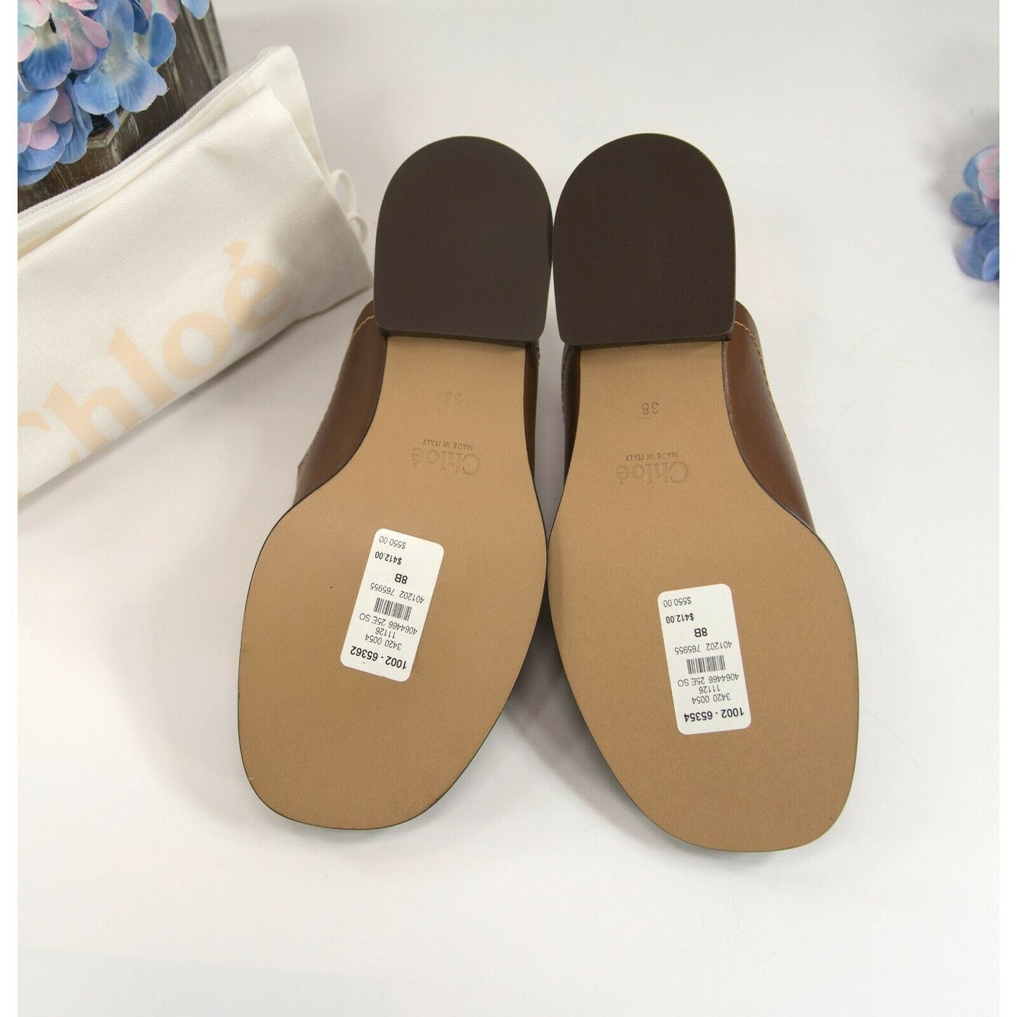 Chloe Brown Leather Gail Cut Out Flat Mules Slides Sz 38 NIB