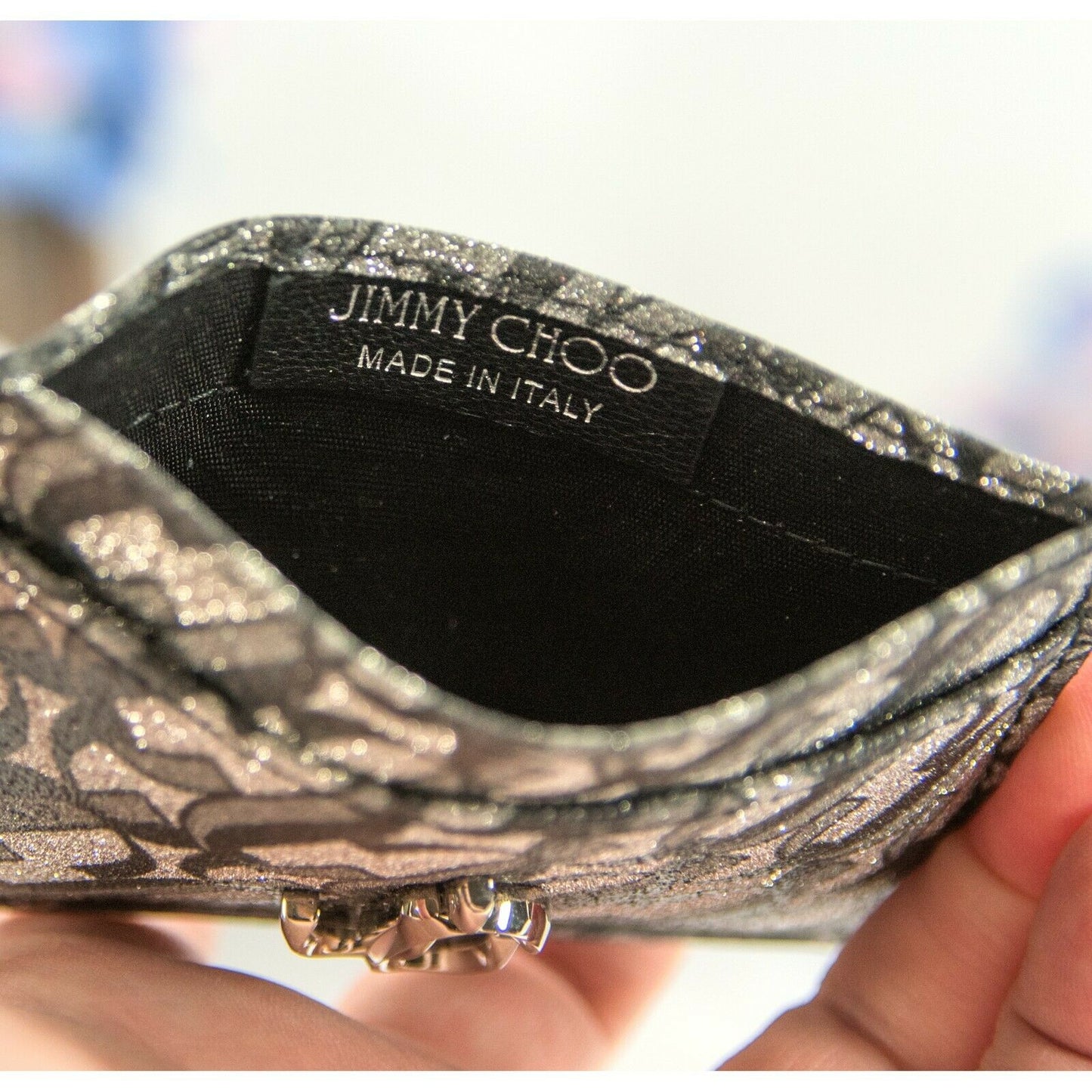 Jimmy Choo Umika Silver Black Grey Monogram Glitter Card Case Holder Wallet NWT