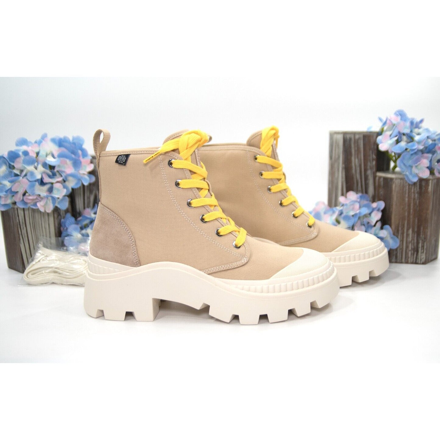 Tory Burch Camp Sneaker Sand Tan Suede Canvas Lace Up Boots Size 8 NIB