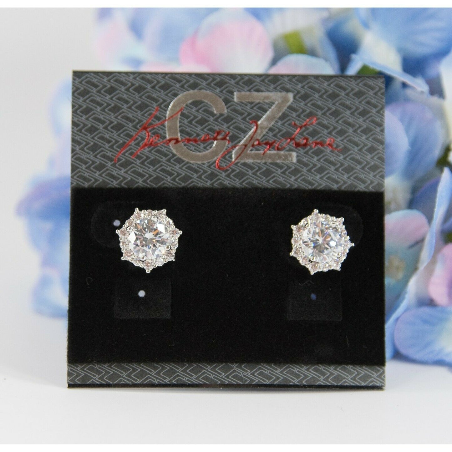 CZ Kenneth Jay Lane Rhodium Framed Round CZ Stud Earrings NWT