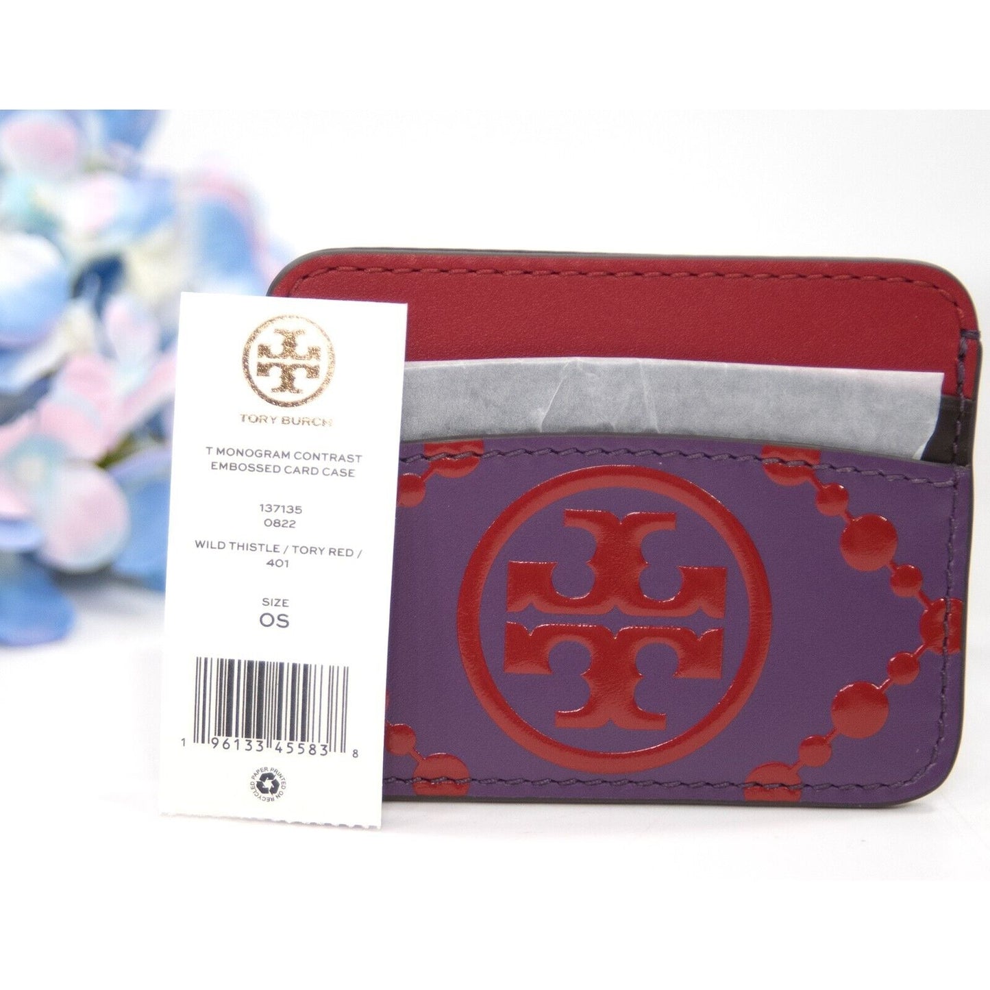 Tory Burch Wild Thistle Red Leather Colorblock Logo Card Case Mini Wallet NWT