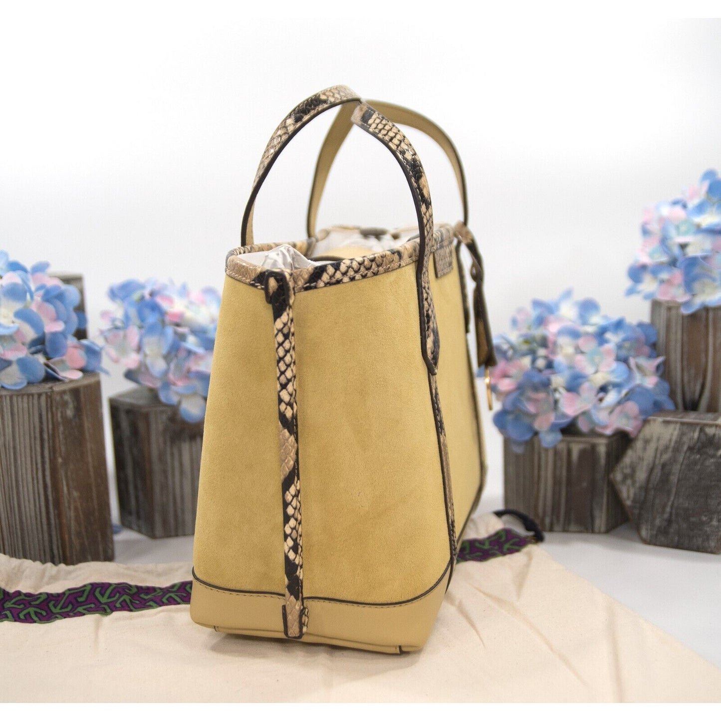 Tory Burch Perry Cornbread Suede Exotic Snake Small Triple Compartment Tote BNWT