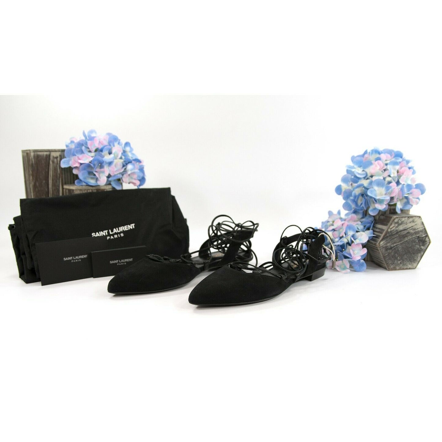 Saint Laurent Black Suede Leather Ankle Lace Flats Size 36 NIB