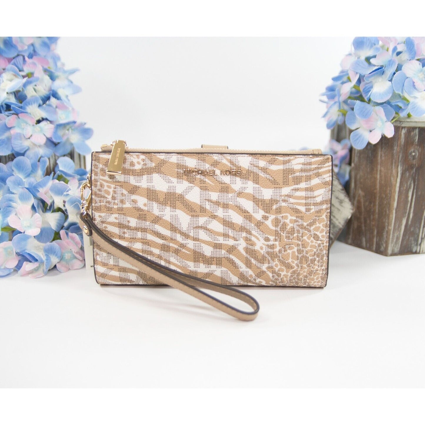 Michael Kors Jet Vanilla Monogram Camel Zebra Double Zip Phone Wallet NWT