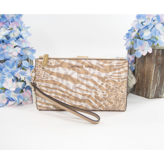 Michael Kors Jet Vanilla Monogram Camel Zebra Double Zip Phone Wallet NWT