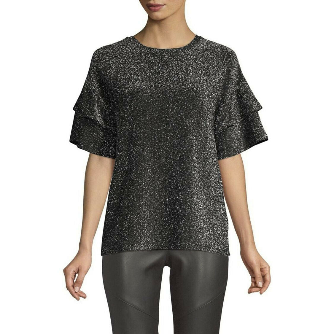 Michael Kors Silver Black Glitter Metallic Ruffle Sleeve Knit Blouse Top S NWT