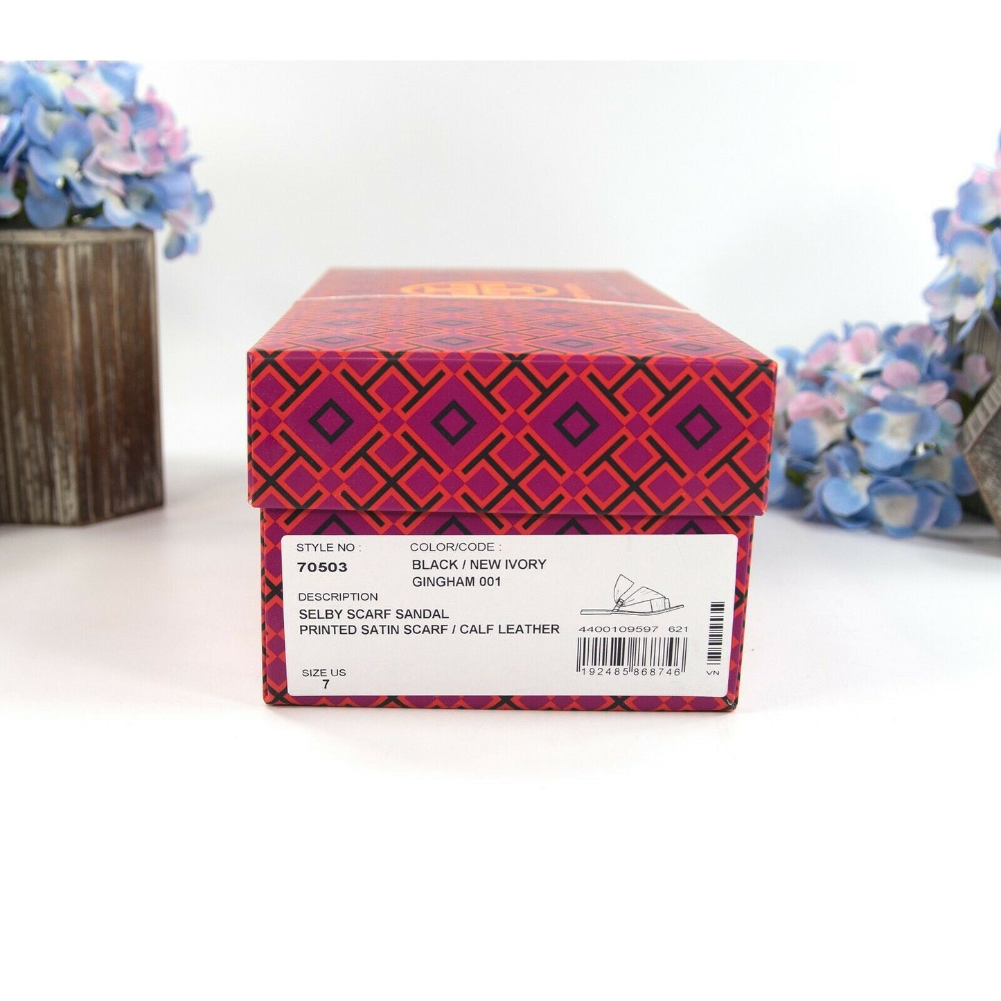Tory Burch Black New Ivory Gingham Twill Leather Selby Scarf Sandals Size 8 NIB