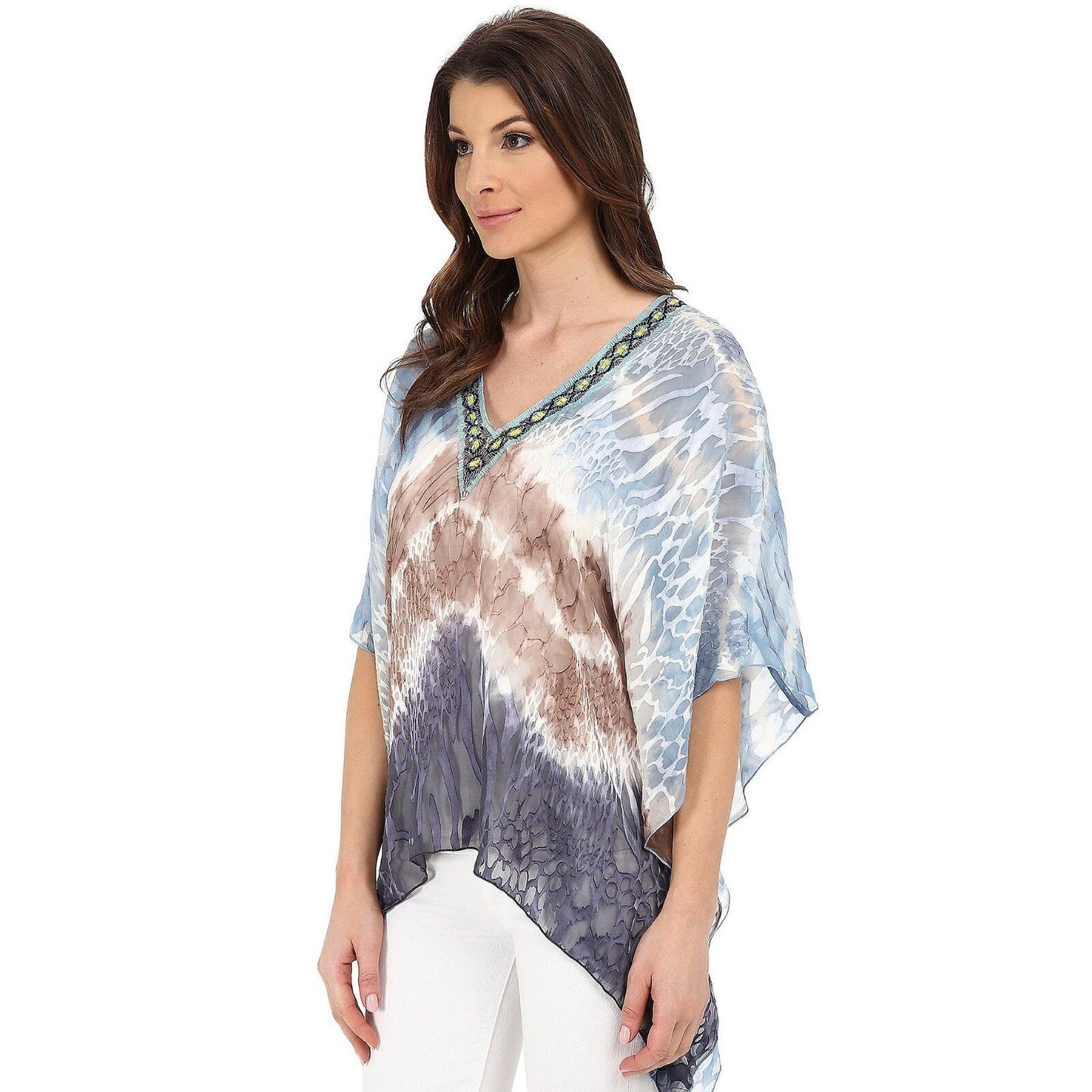 Hale Bob Blue Taupe Silk Burnout Dip Dye Beaded Dolman Top Shirt Blouse Sz S NWT