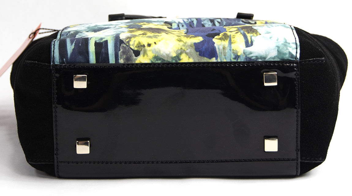 Karen Millen Black Blue Floral Color Block Patent Leather Suede Tote NWT
