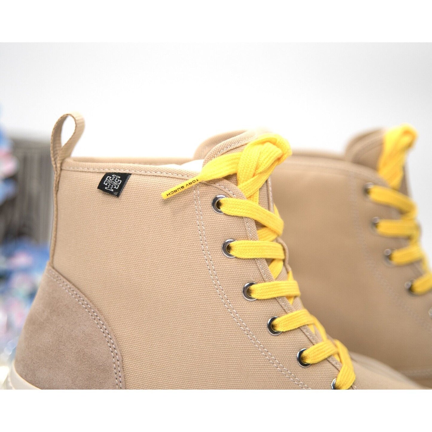 Tory Burch Camp Sneaker Sand Tan Suede Canvas Lace Up Boots Size 8 NIB