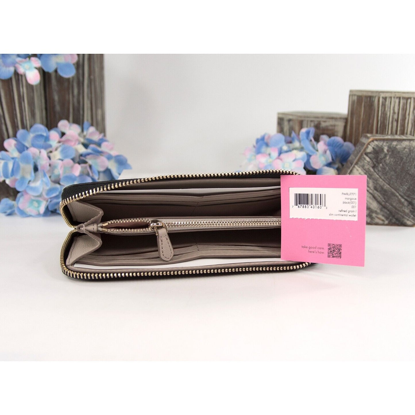 Kate Spade Black Leather Margaux Slim Zip Around Lacey Wallet NWT