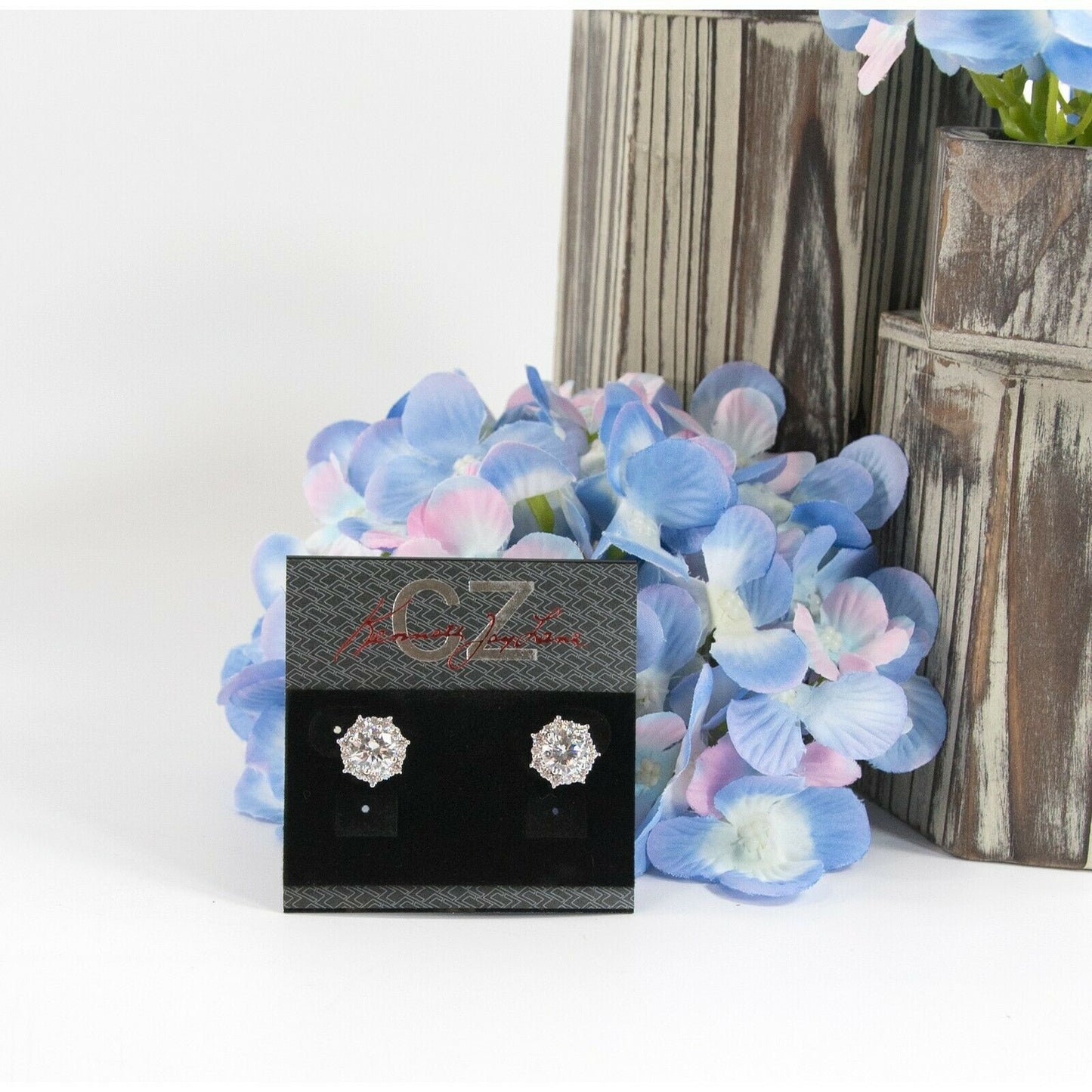 CZ Kenneth Jay Lane Rhodium Framed Round CZ Stud Earrings NWT