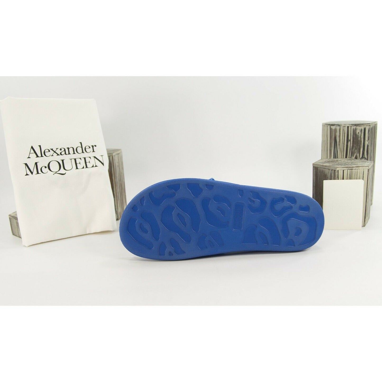Alexander McQueen Blue Embossed Logo Leather Rubber Pool Slides 40.5 NIB