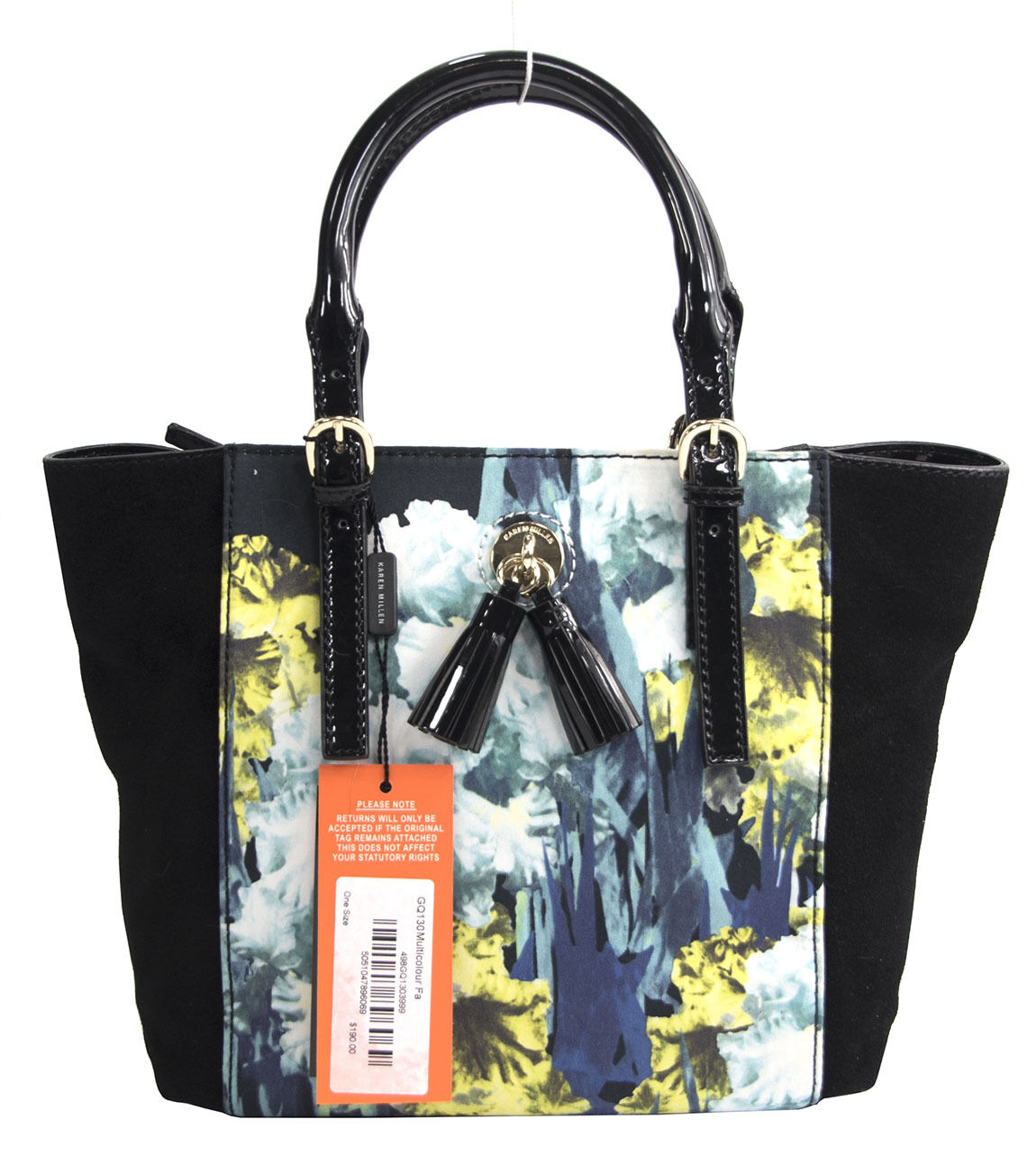 Karen Millen Black Blue Floral Color Block Patent Leather Suede Tote NWT