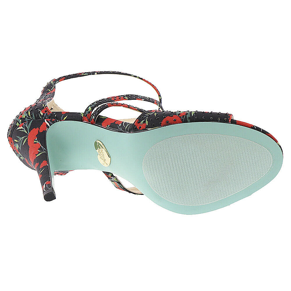 Betsey Johnson Izzy Black Red Satin Crystal Ankle Strap Stiletto Heels 6 NIB