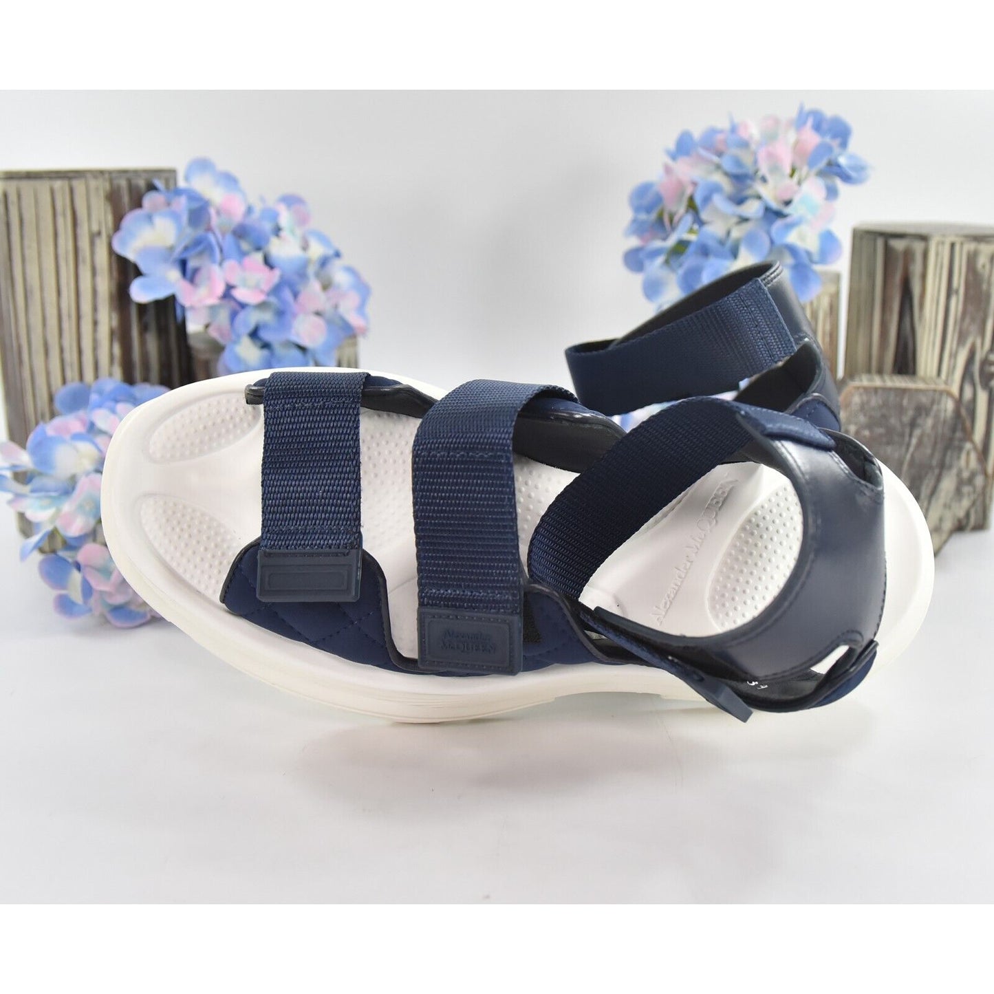 Alexander McQueen Navy White Hybrid Tech Leather Neoprene Sandals 39 NIB