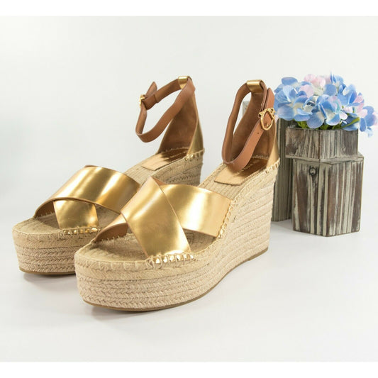 Tory Burch Selby 105MM Old Gold Calf Leather Platform Espadrille Wedge Heels 9.5
