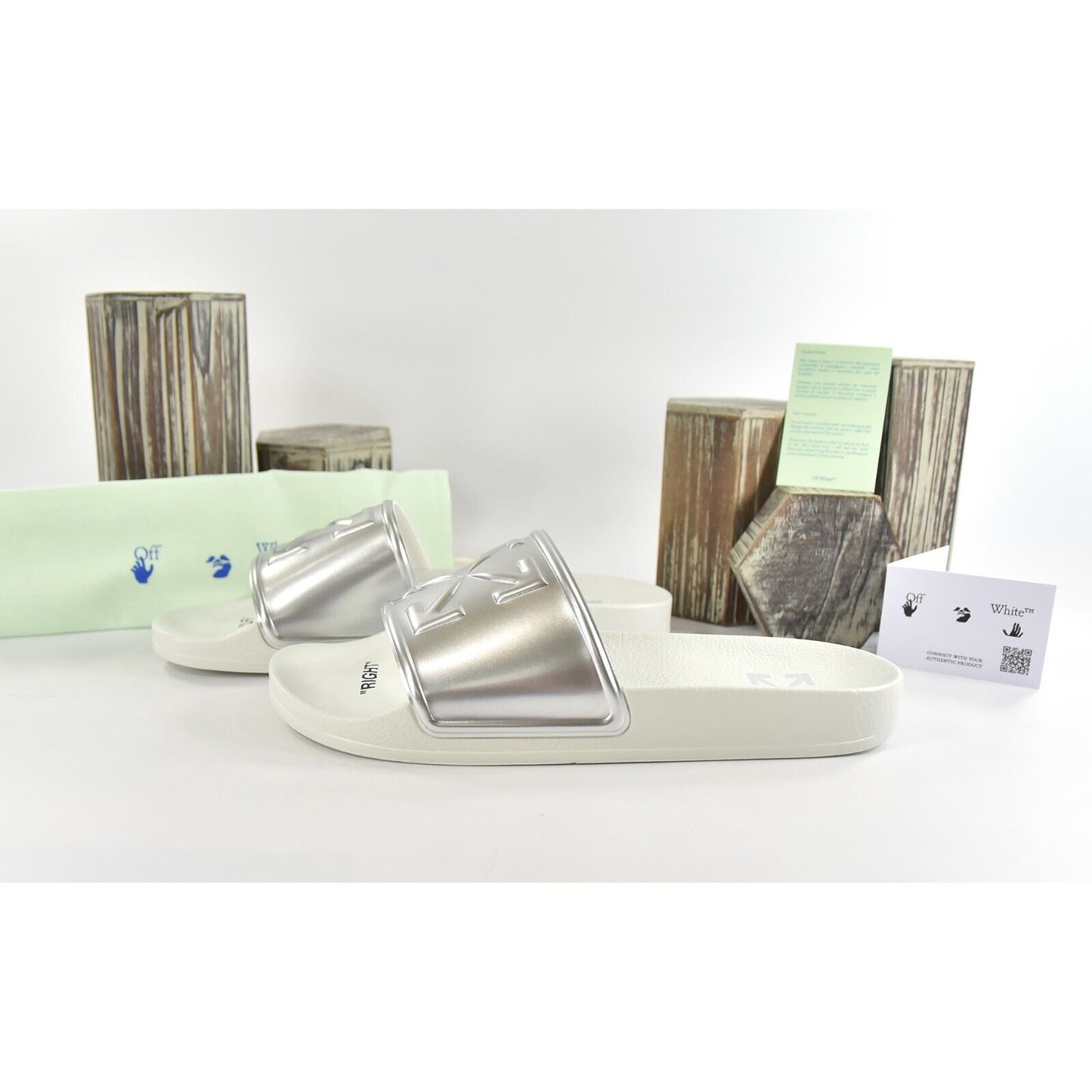 Off-White HF Mirror Silver Arrow Embossed Logo Rubber Pool Slides 43 NIB