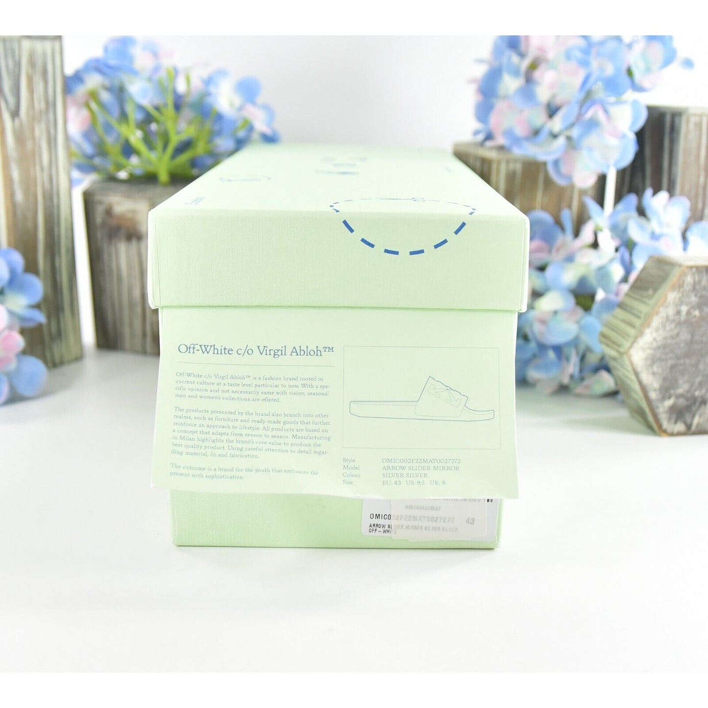 Off-White HF Mirror Silver Arrow Embossed Logo Rubber Pool Slides 43 NIB