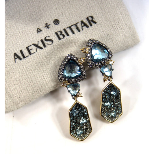 Alexis Bittar Blue Crystal Rhodium Plated Shield Drop CLIP ON Earrings NWT RARE!