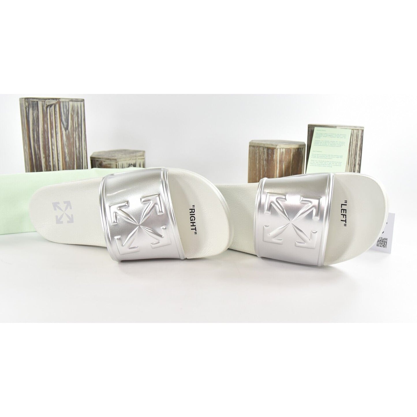 Off-White HF Mirror Silver Arrow Embossed Logo Rubber Pool Slides 43 NIB