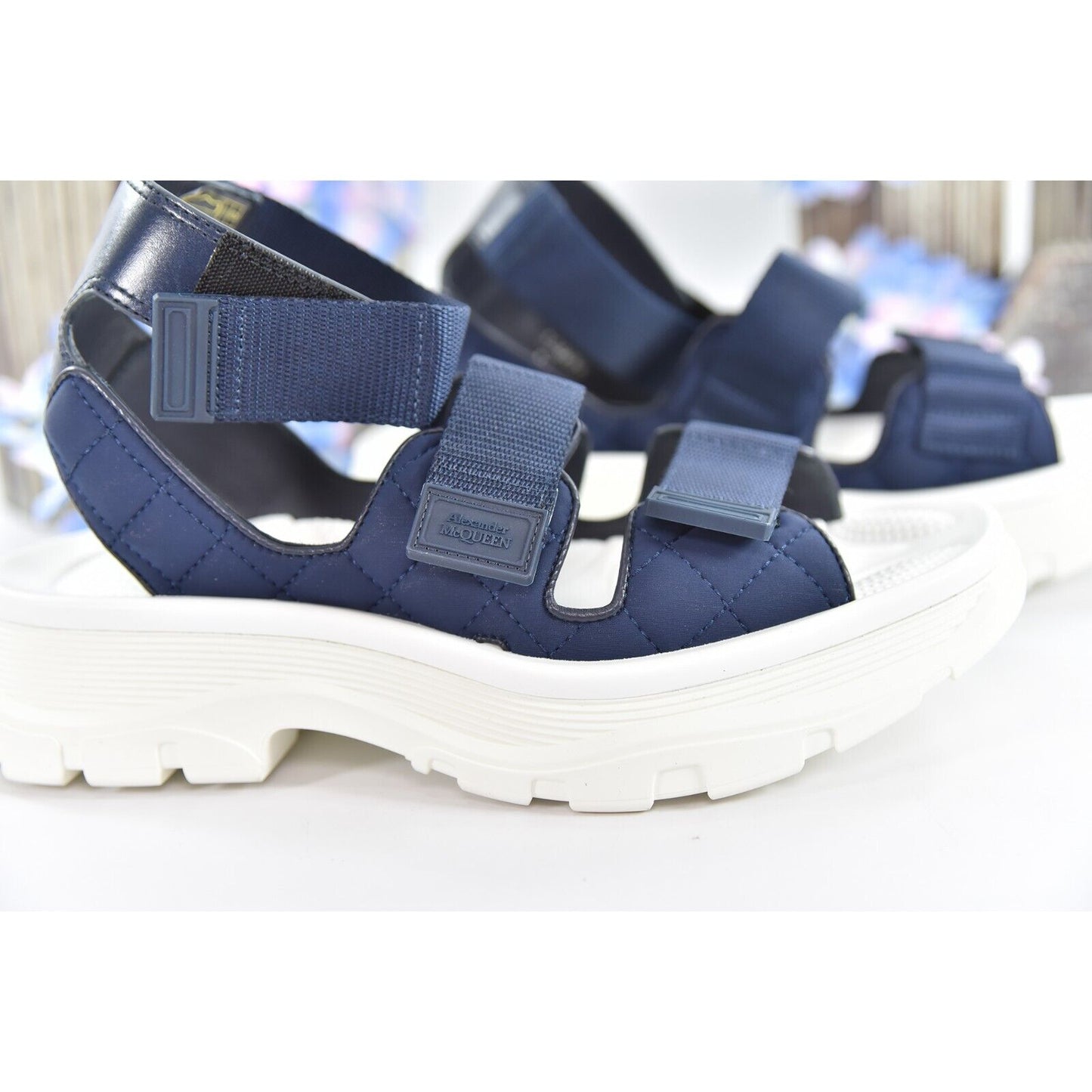 Alexander McQueen Navy White Hybrid Tech Leather Neoprene Sandals 39 NIB