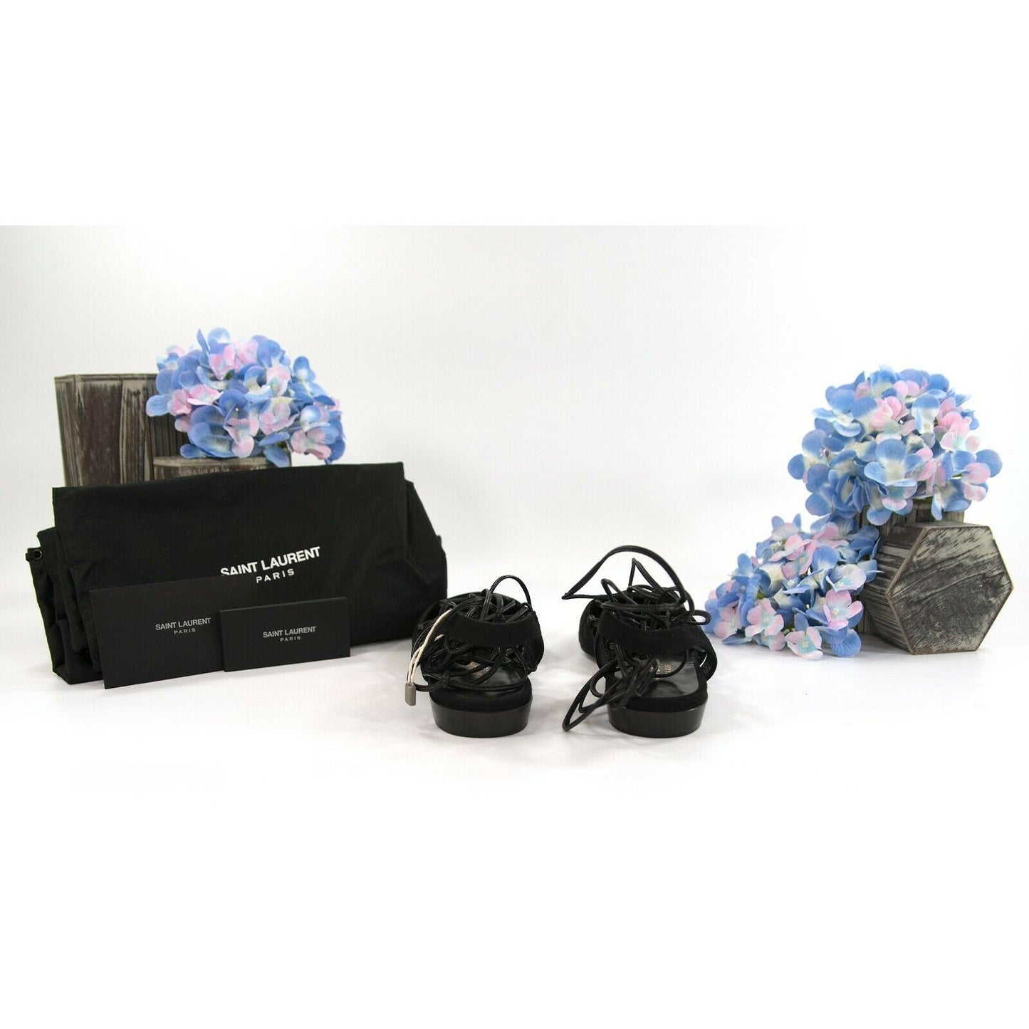 Saint Laurent Black Suede Leather Ankle Lace Flats Size 36 NIB