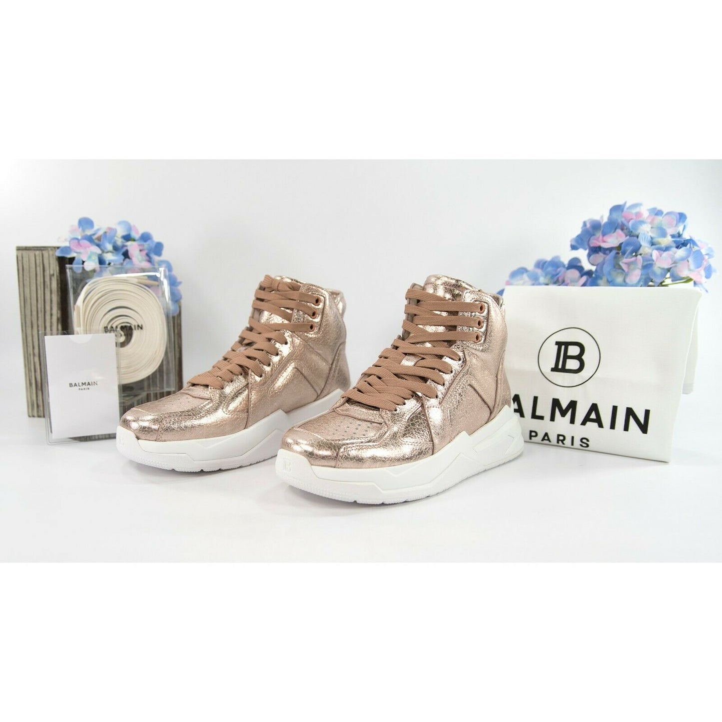 Balmain Rose Gold B-Ball High Top Leather Sneakers 38 NIB