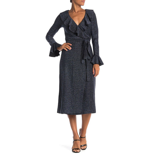 Free People One More Time Blue Black Shimmer Ruffle Midi Wrap Dress XS NWT