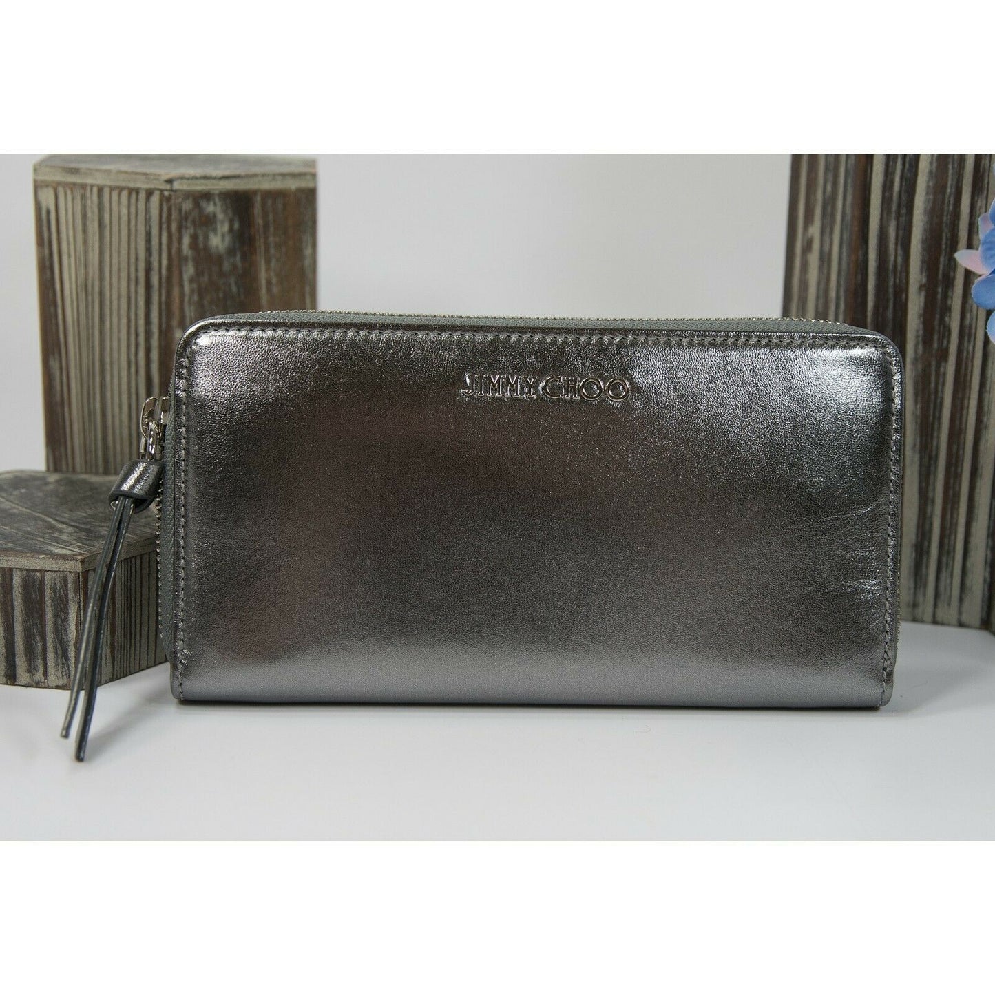 Jimmy Choo Gunmetal Metallic Leather Large Zip Around Continental Wallet NWT