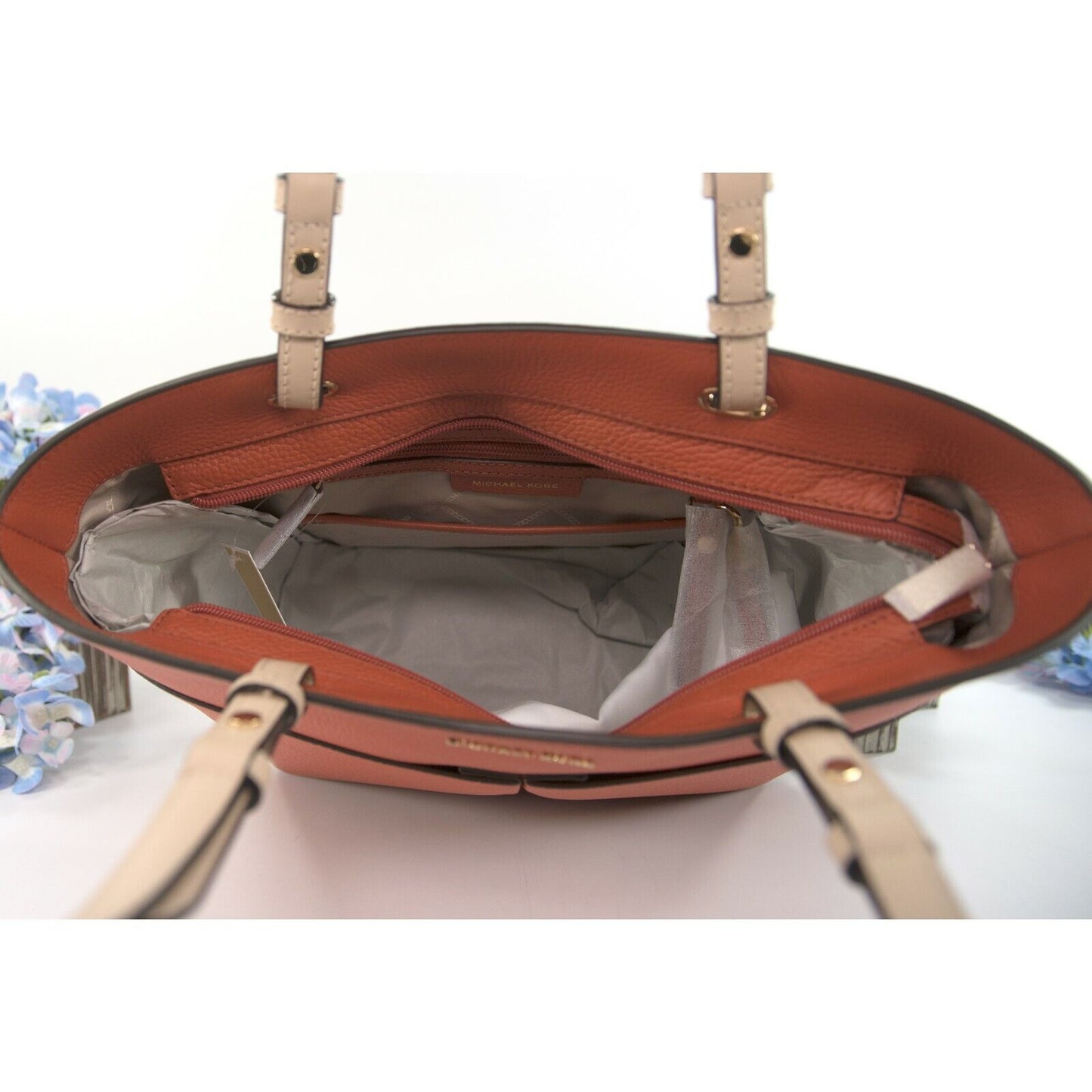 Michael Kors Orange Spice Leather East West Top Zip Pocket Tote Bag NWT