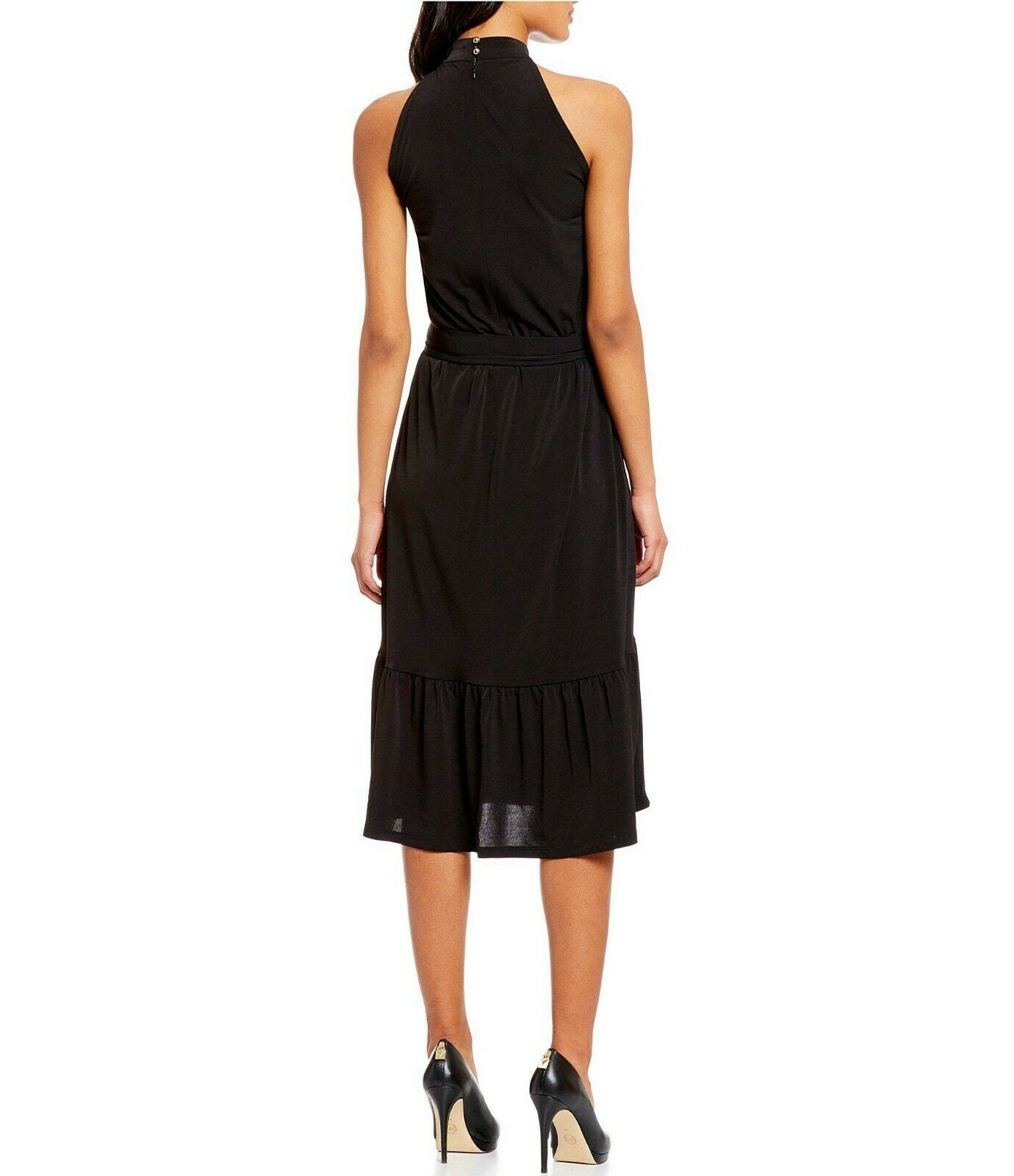 Michael Kors Black Halter Flounce Ruffle Camellia Midi Fit Flare Dress XS NWT