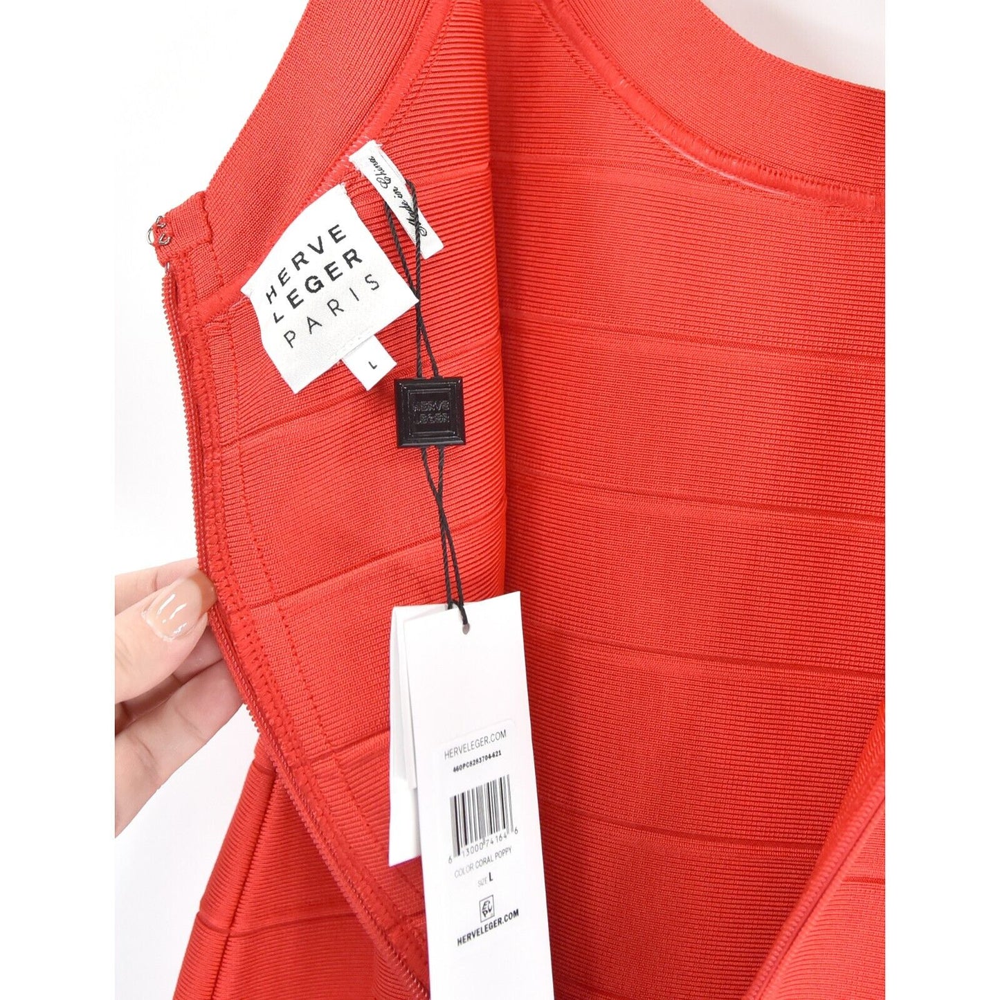 Herve Leger Scoop Neck Coral Poppy Mini Bandage Bodycon Dress Large NWT $790