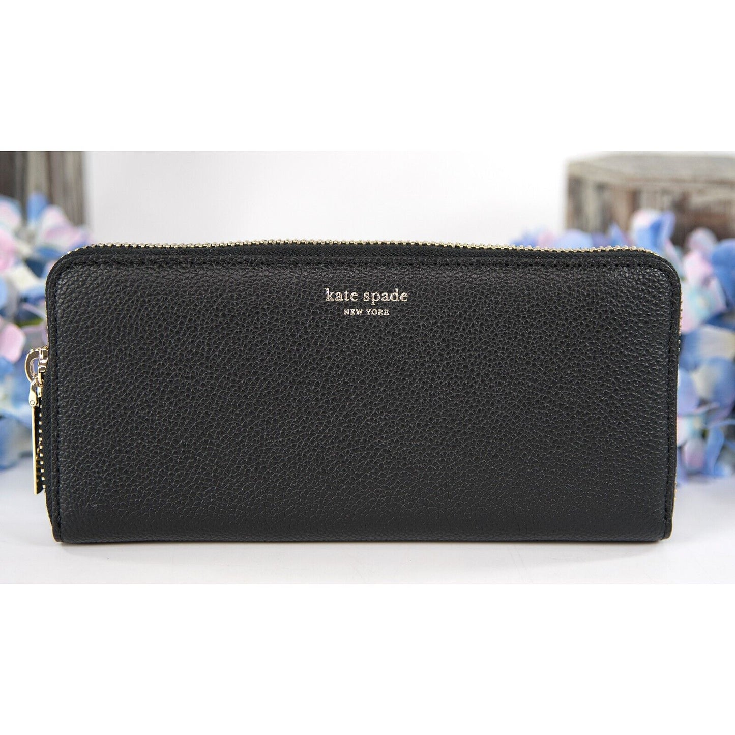 Kate Spade Black Leather Margaux Slim Zip Around Lacey Wallet NWT